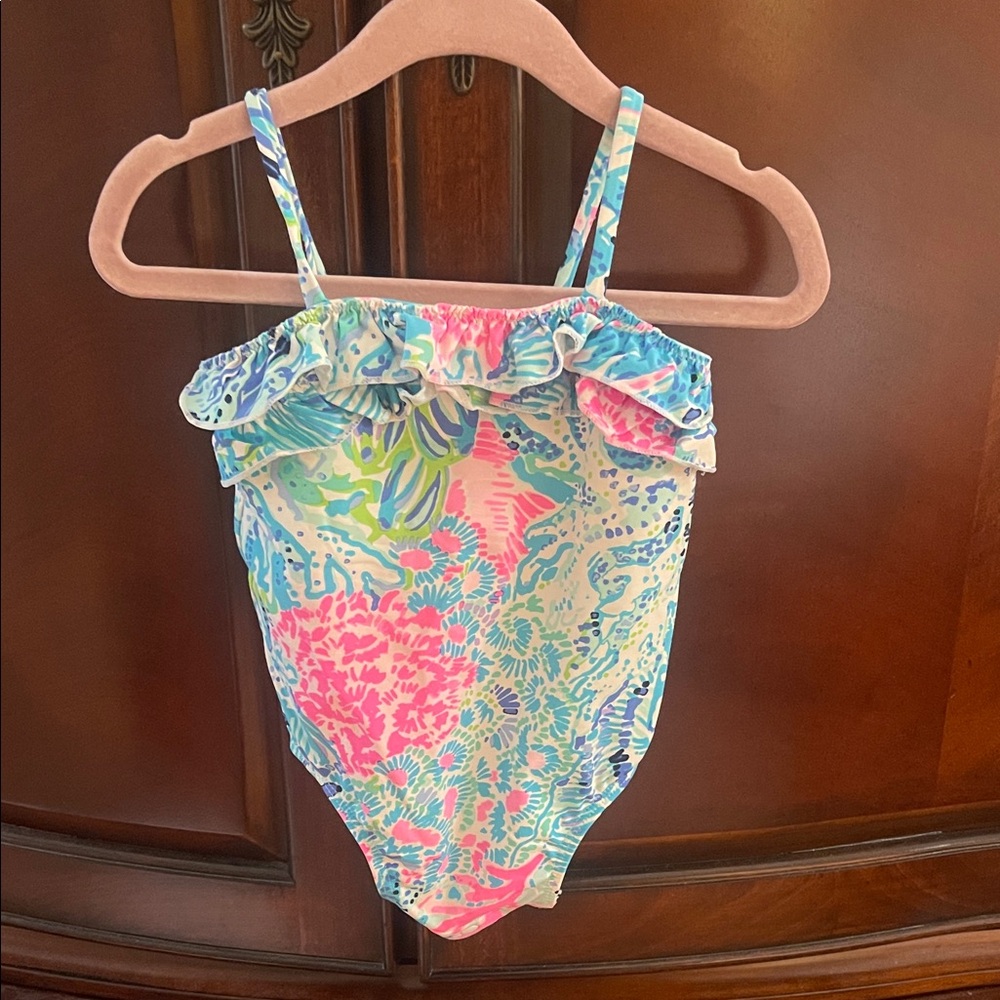 Lilly Pulitzer Girls Pink, Blue & Green Ruffle One-Piece Swimsuit
